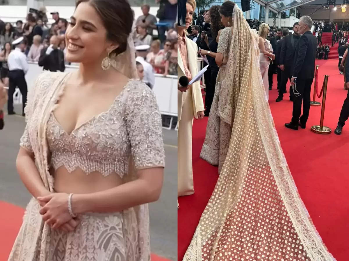 At Cannes 2023, Abu-Sandeep dissects Sara Ali Khan's lehenga, pointing out the head veil, pearls, and shadow work.