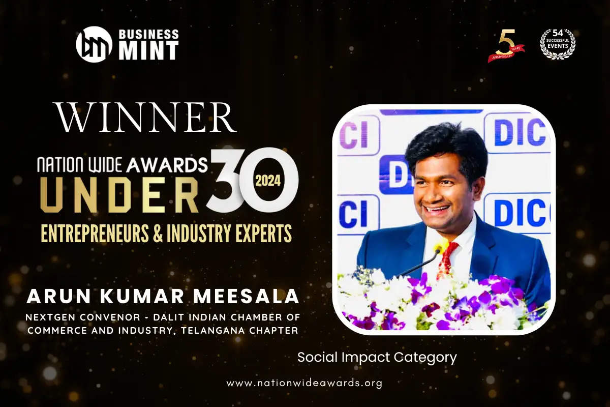 Arun Kumar Meesala, NextGen Convenor - DICCI, Telangana Chapter has been recognized as Nationwide Awards Under 30 Entrepreneurs & Industry Experts - 2024 in Social Impact Category